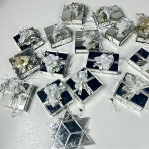 Christmas Ornaments Mirrored Presents With Flower Silver Ribbon Made Taiwan 15+